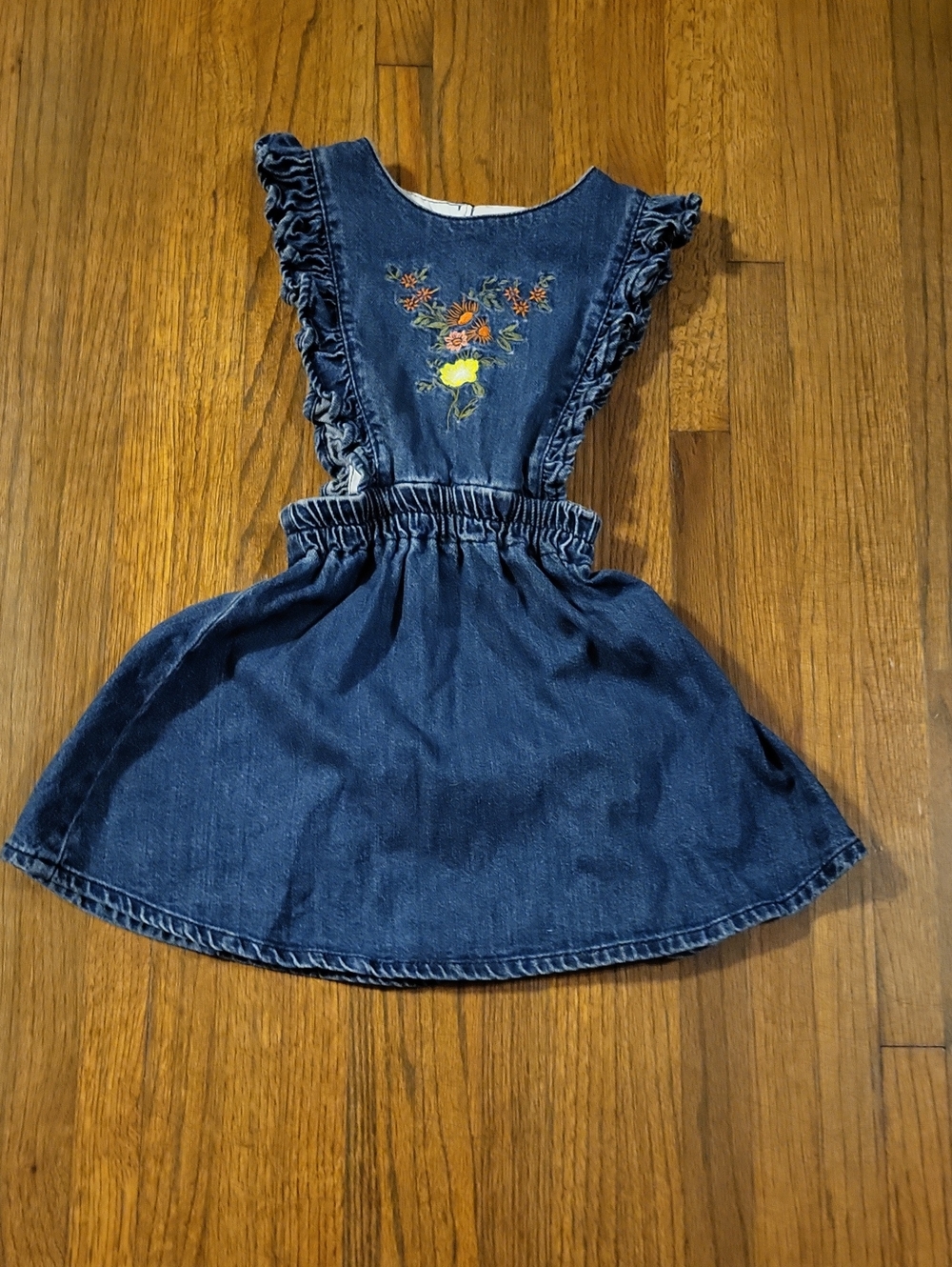 Girls Denim Embroidered Ruffle Pinafore  Dress in Dark Blue